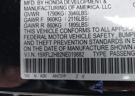 2022 Honda Civic Sport from USA, damaged, VIN 19XFL2H82NE019882